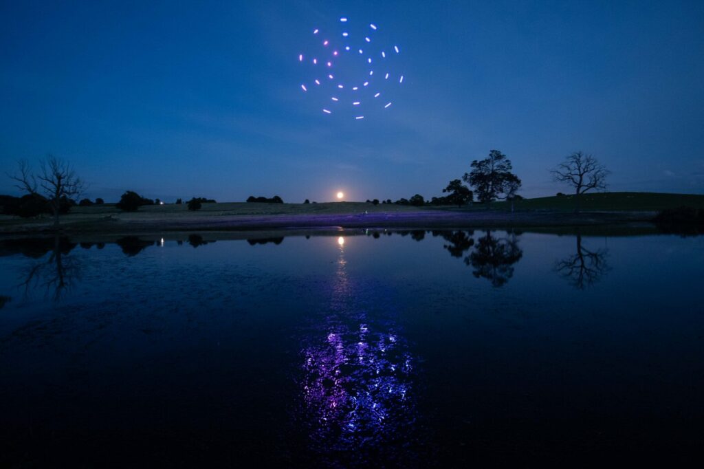 Drone lights in sky wedding