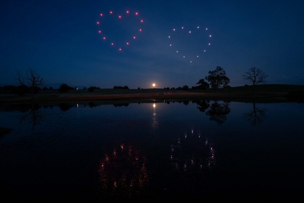 Drone light display for wedding hearts