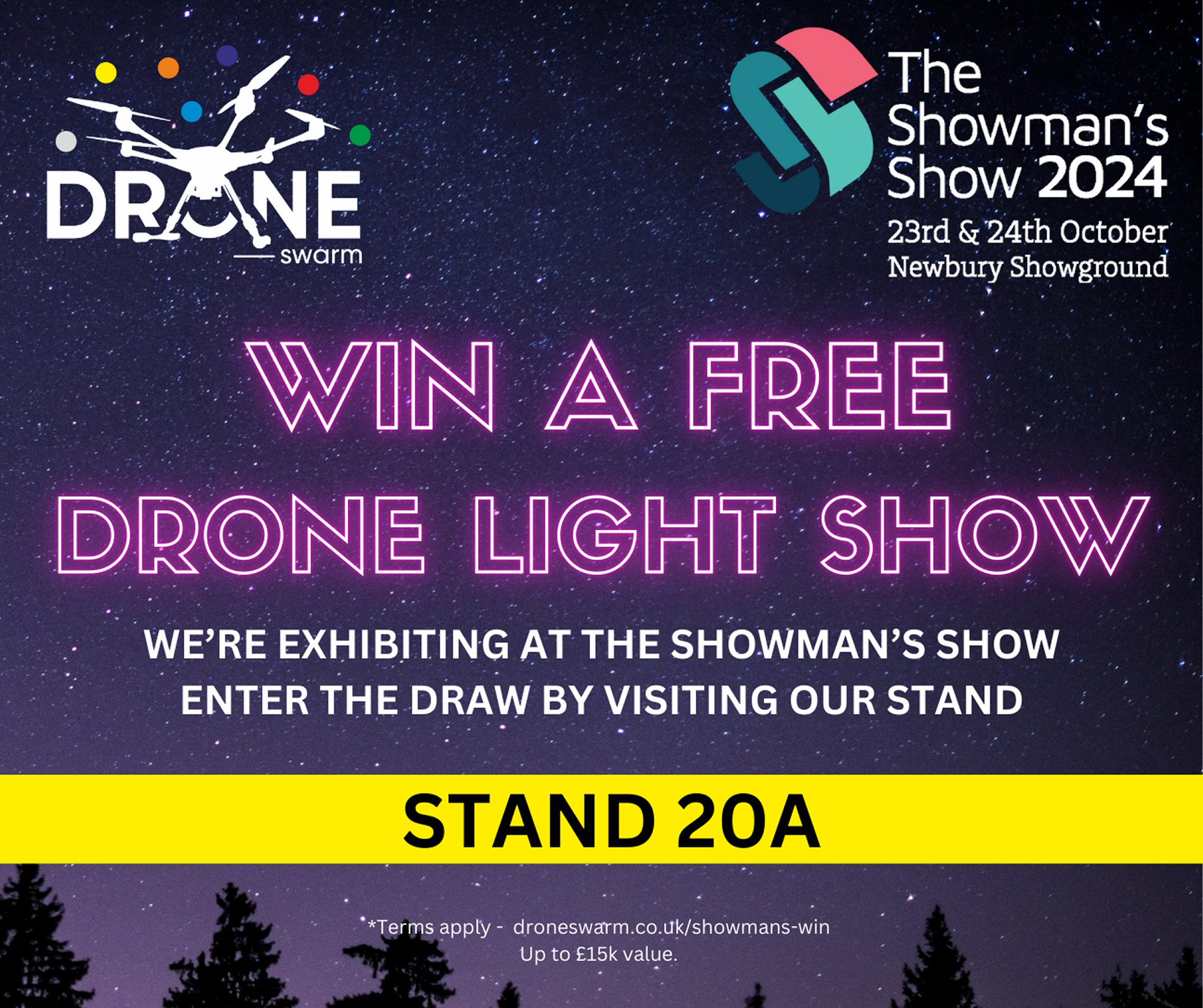 Promotional image for Drone Swarm's free drone light show contest at The Showman's Show 2024, stand 20A.