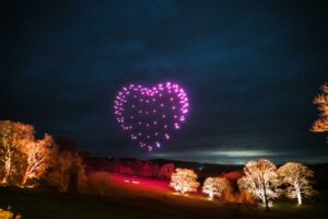 Purple drones form a glowing heart shape in the night sky above illuminated trees in a field.