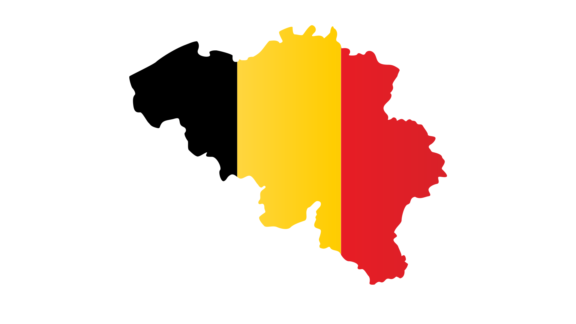 Outline of Belgium filled with vertical black, yellow, and red stripes resembling the national flag.
