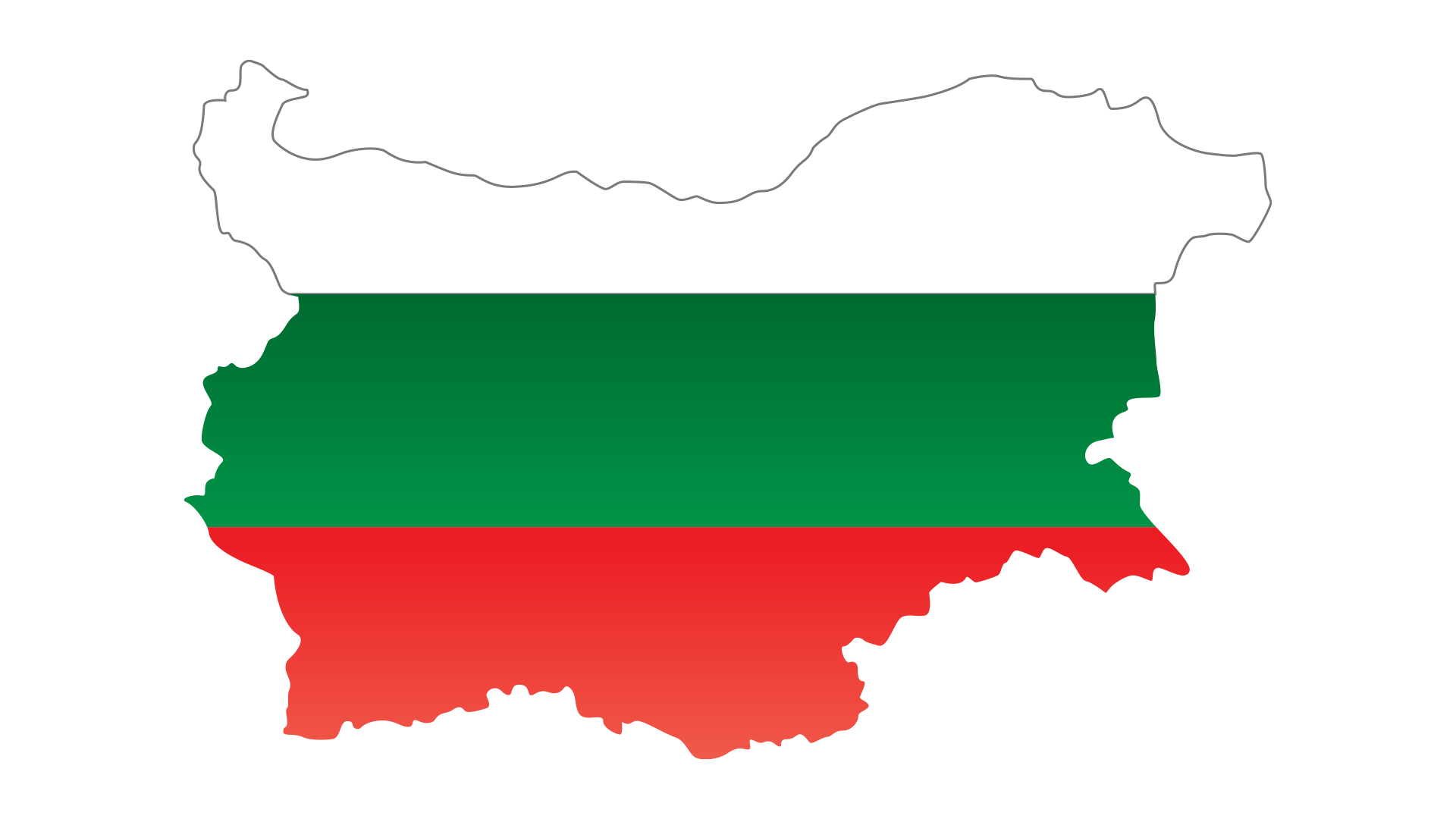 Outline of Bulgaria filled with the colors of the Bulgarian national flag: white, green, and red.