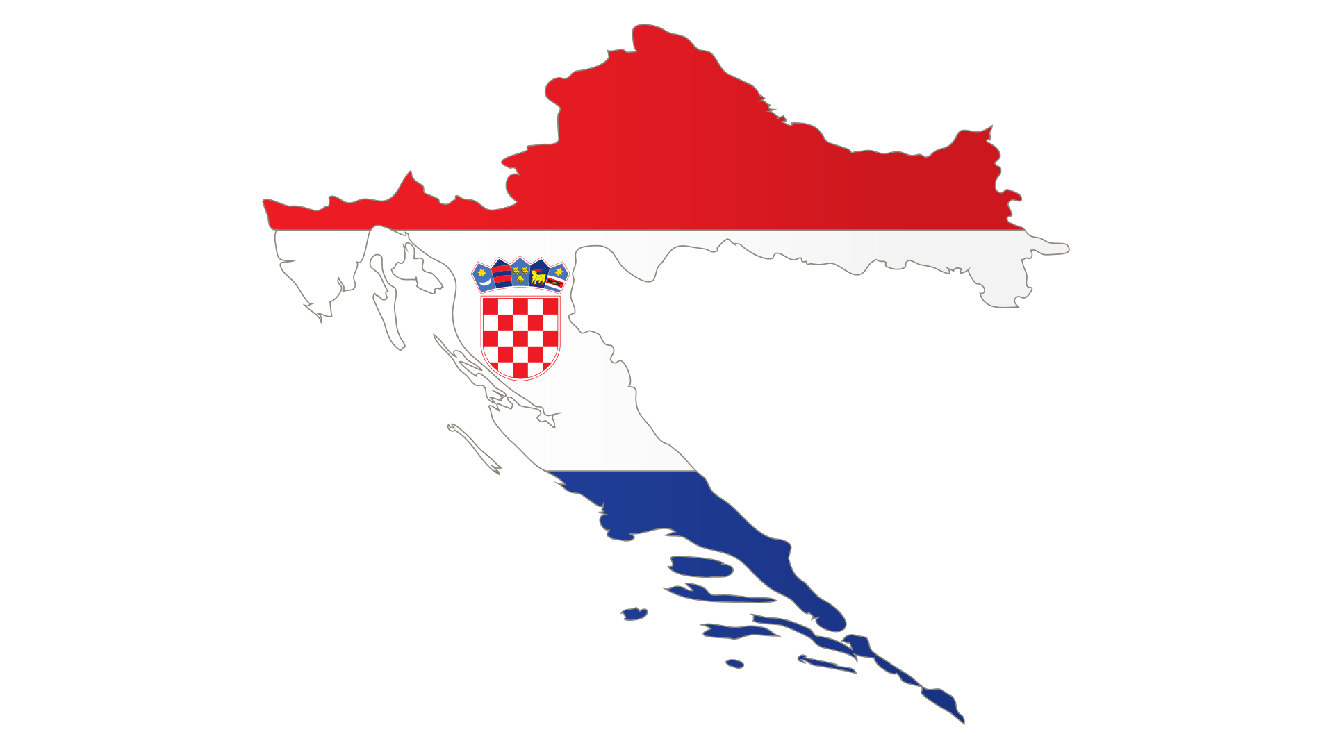 Outline of Croatia filled with the Croatian flag colors and coat of arms on a white background.