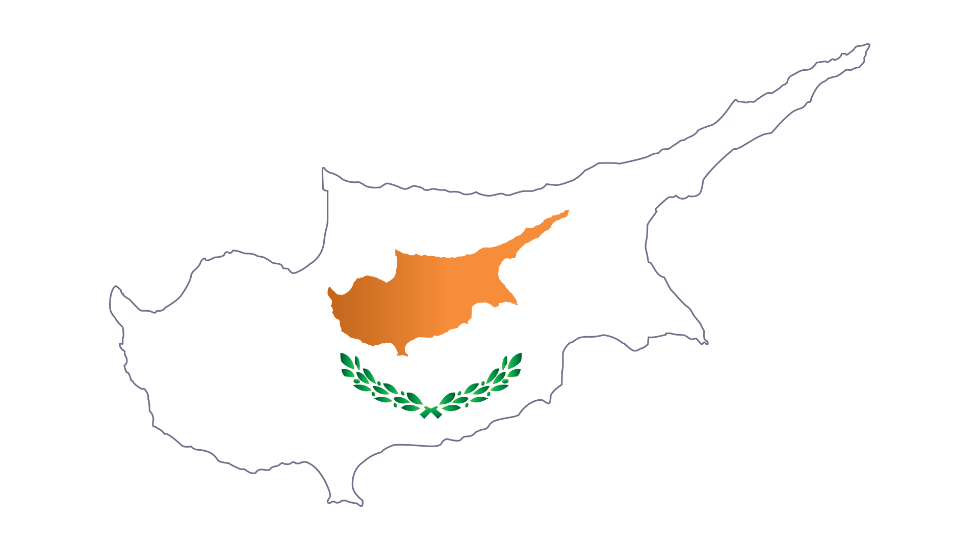 Outline of Cyprus with its flag: an orange map of Cyprus and green olive branches on a white background.