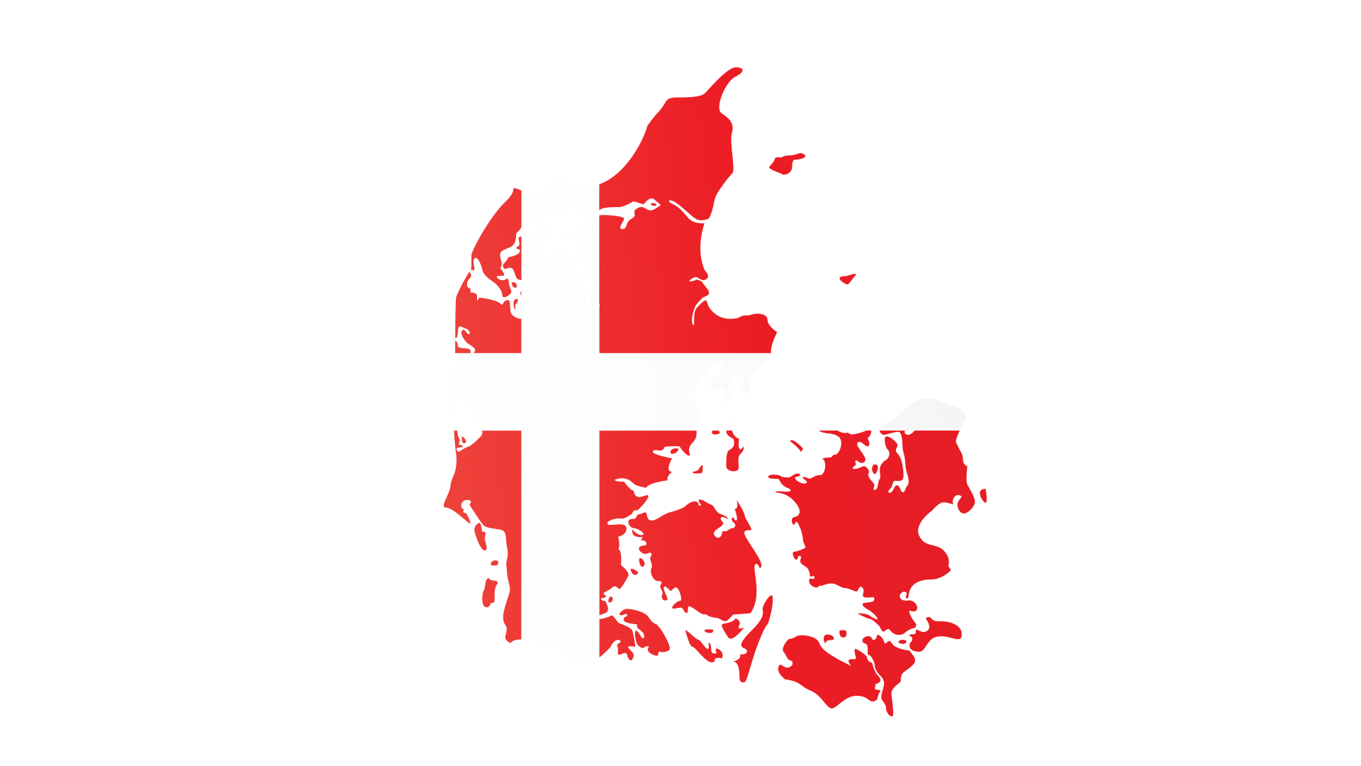 Red map of Denmark with a white cross resembling the Danish flag overlaying the country’s shape.