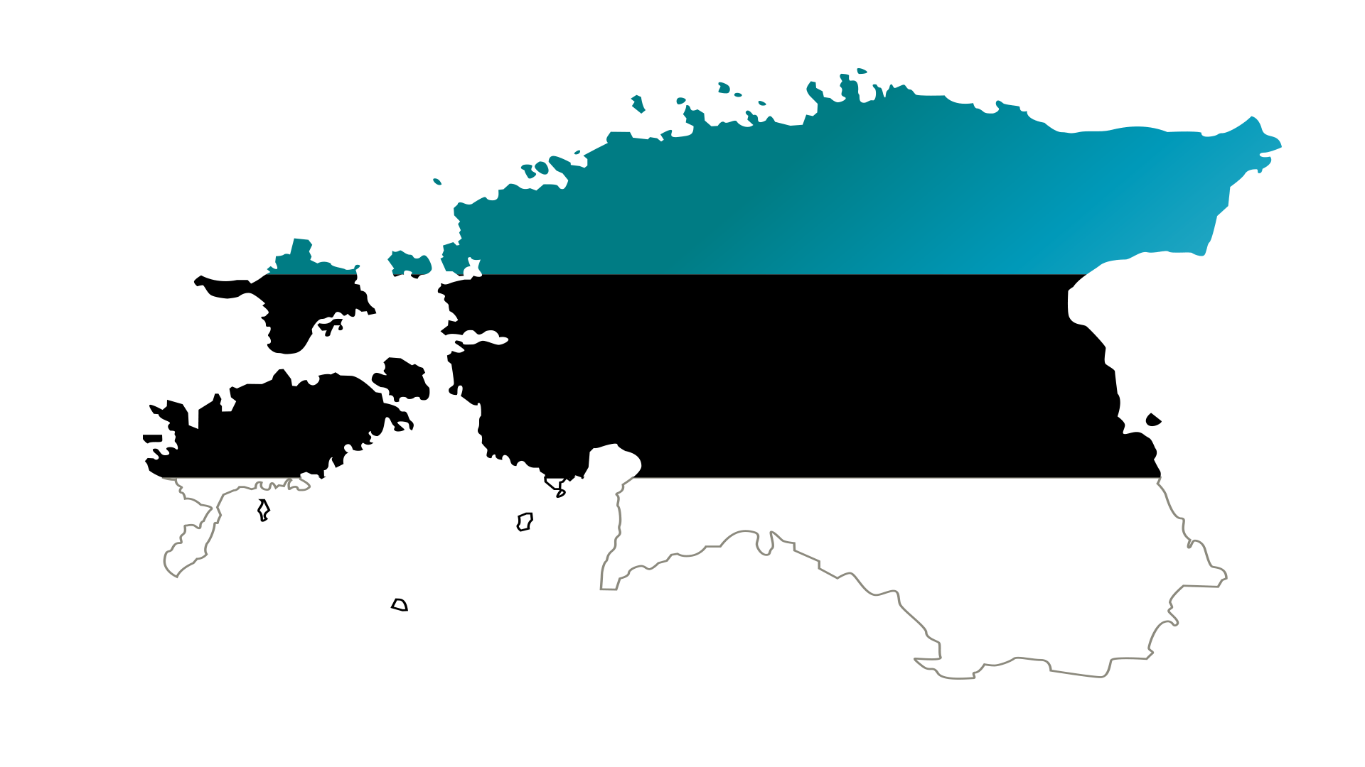 Outline of Estonia filled with the Estonian flag’s blue, black, and white horizontal stripes.