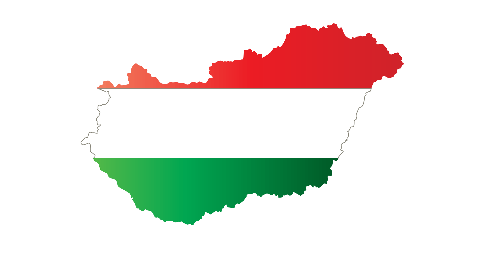 Outline of Hungary filled with horizontal red, white, and green stripes, resembling its national flag.