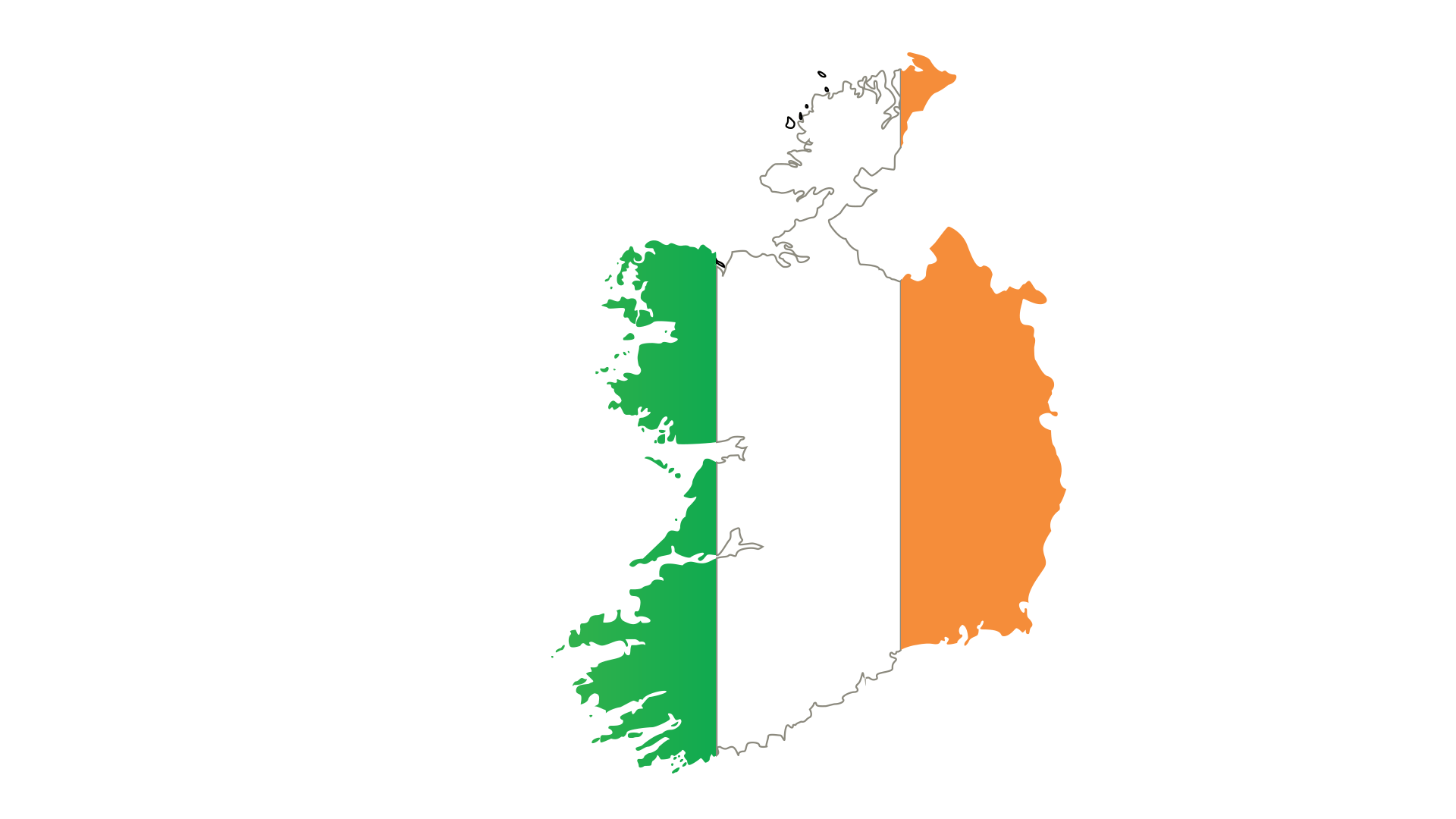 Outline of Ireland filled with the Irish flag colors: green, white, and orange, from left to right.