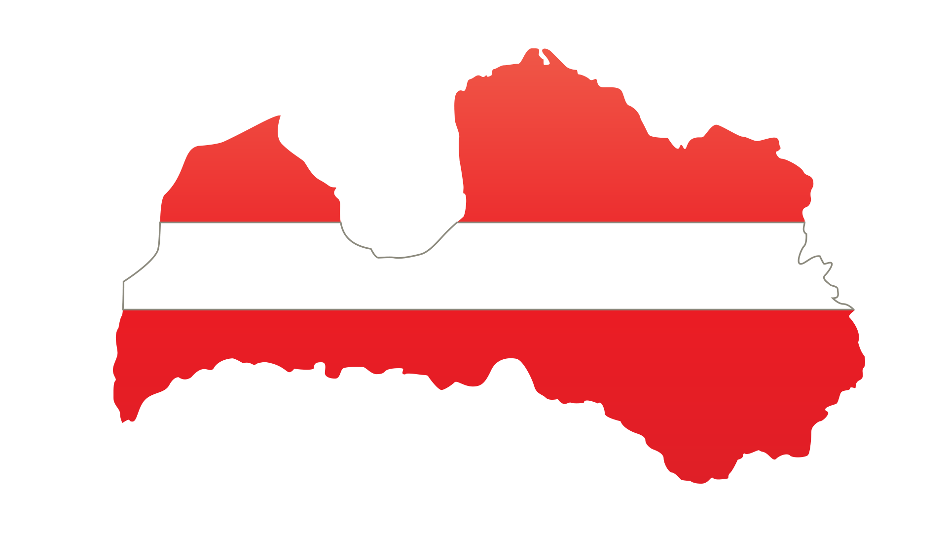 Outline of Latvia filled with the red and white horizontal stripes of the Latvian flag.