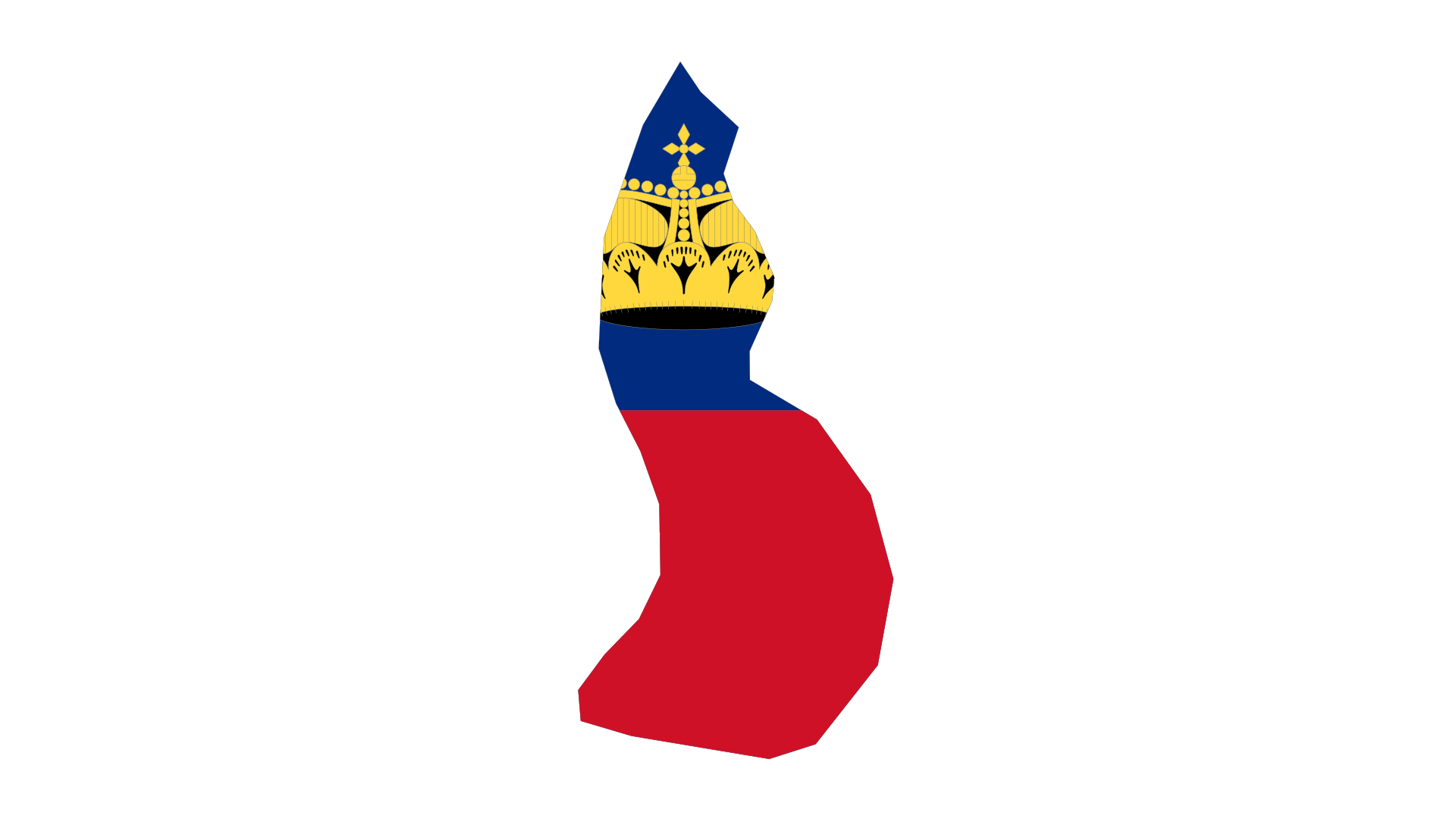 Outline of Liechtenstein filled with its flag: blue and red horizontal stripes with a yellow crown.