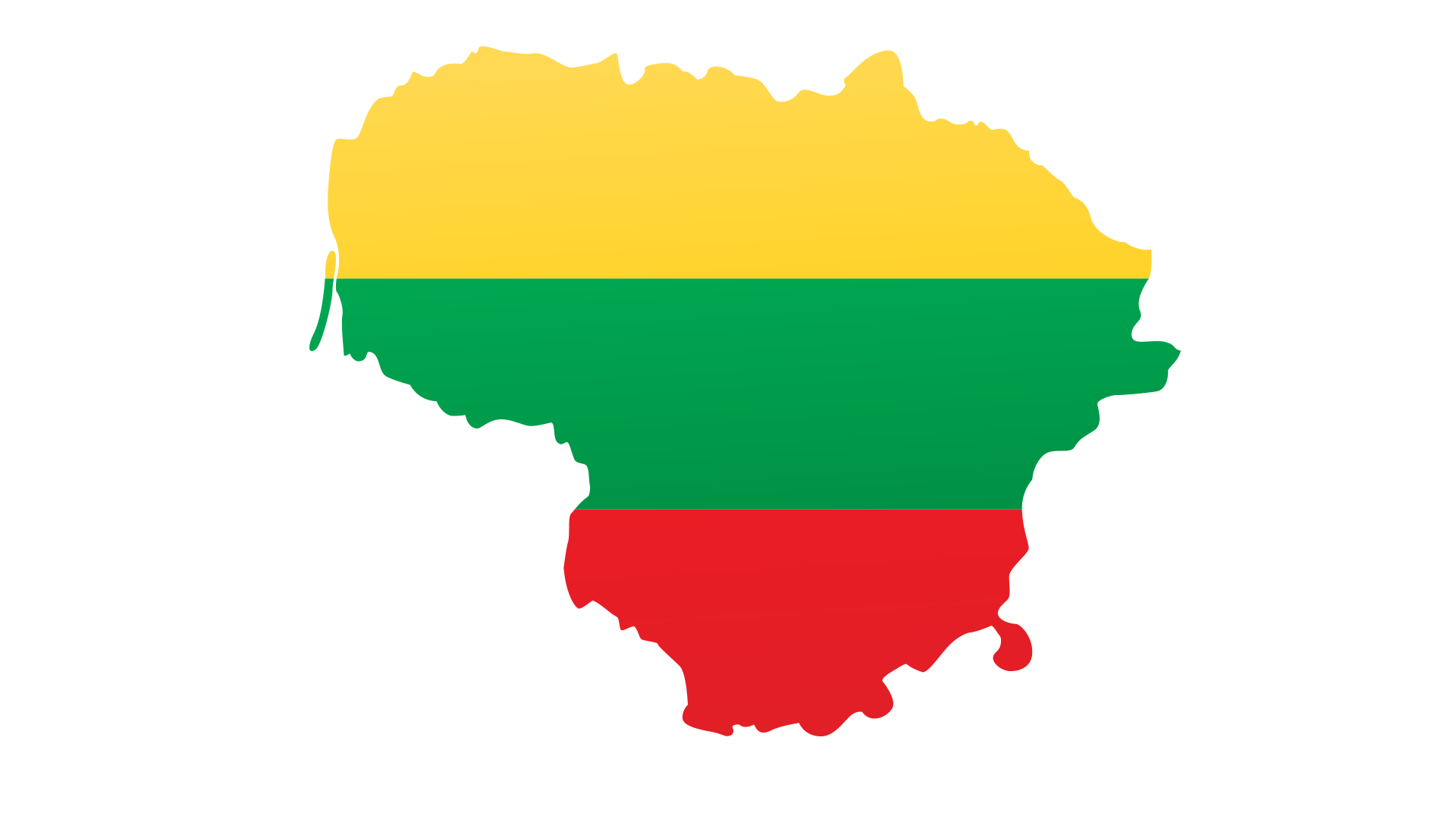 Outline of Lithuania filled with horizontal stripes: yellow on top, green in the middle, and red on the bottom.