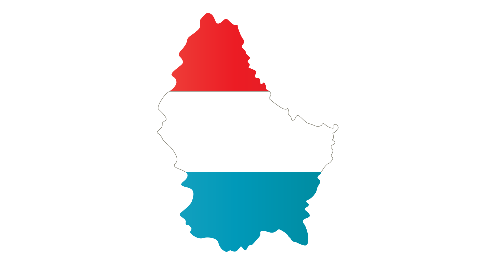 Outline of Luxembourg filled with the red, white, and blue horizontal stripes of its national flag.