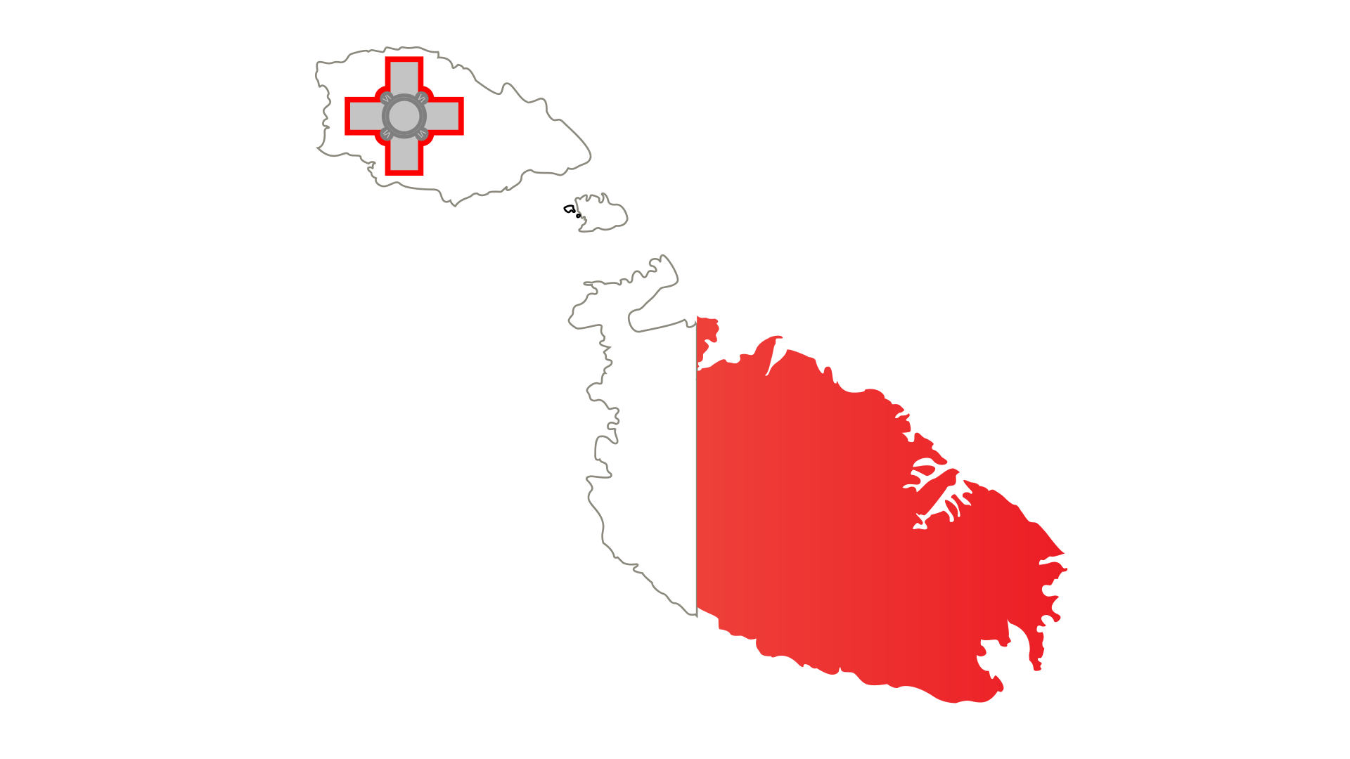 Outline map of Malta with the national flag colors and a red cross symbol on the smaller northern island.