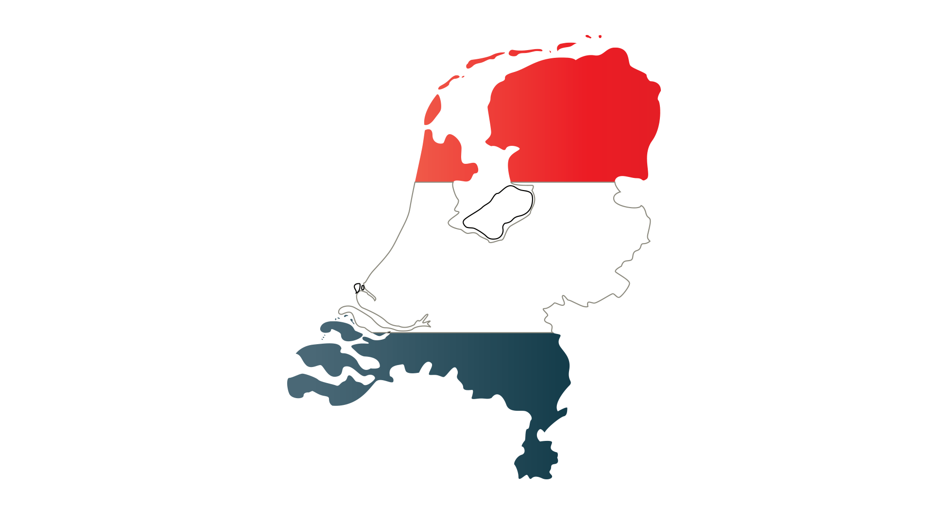 Outline of the Netherlands filled with the red, white, and blue of the Dutch flag.