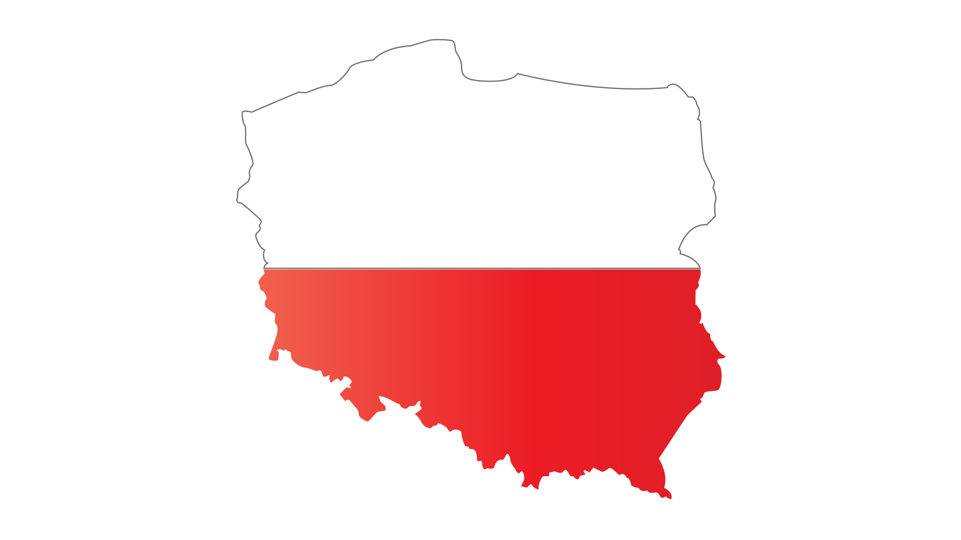 Outline of Poland filled with white on top and red on the bottom, resembling the Polish flag.