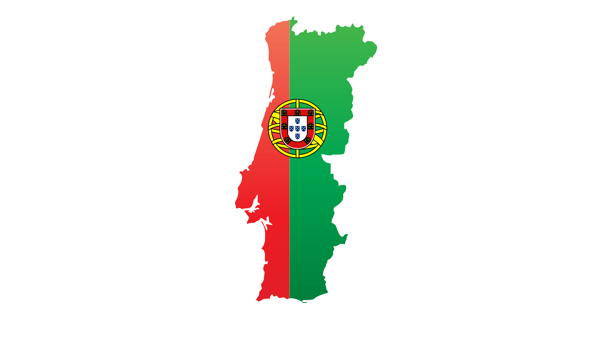Map outline of Portugal filled with the national flag colors and coat of arms on a white background.