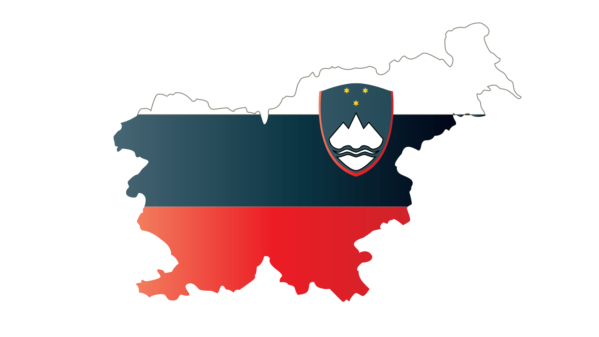Outline of Slovenia filled with its flag colors and coat of arms featuring mountains and stars.