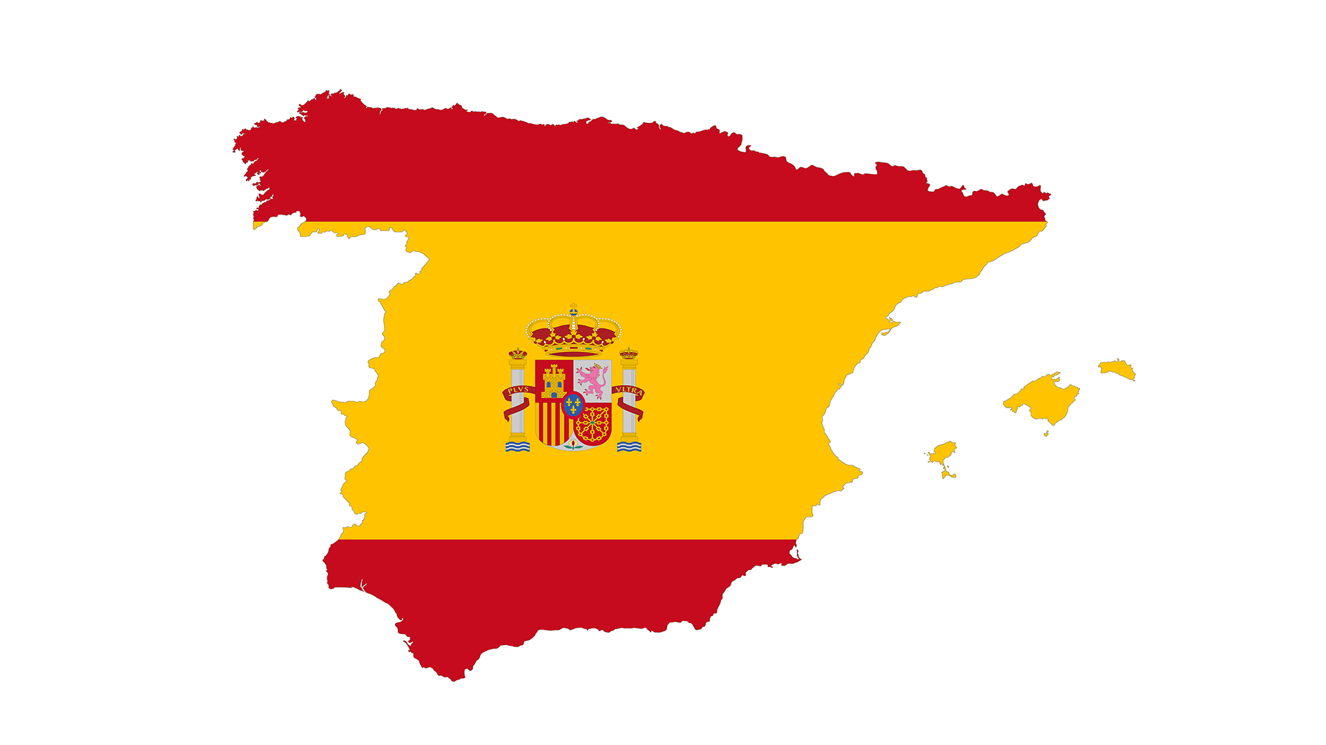 Map of Spain filled with the Spanish flag’s red, yellow, and coat of arms in the center.