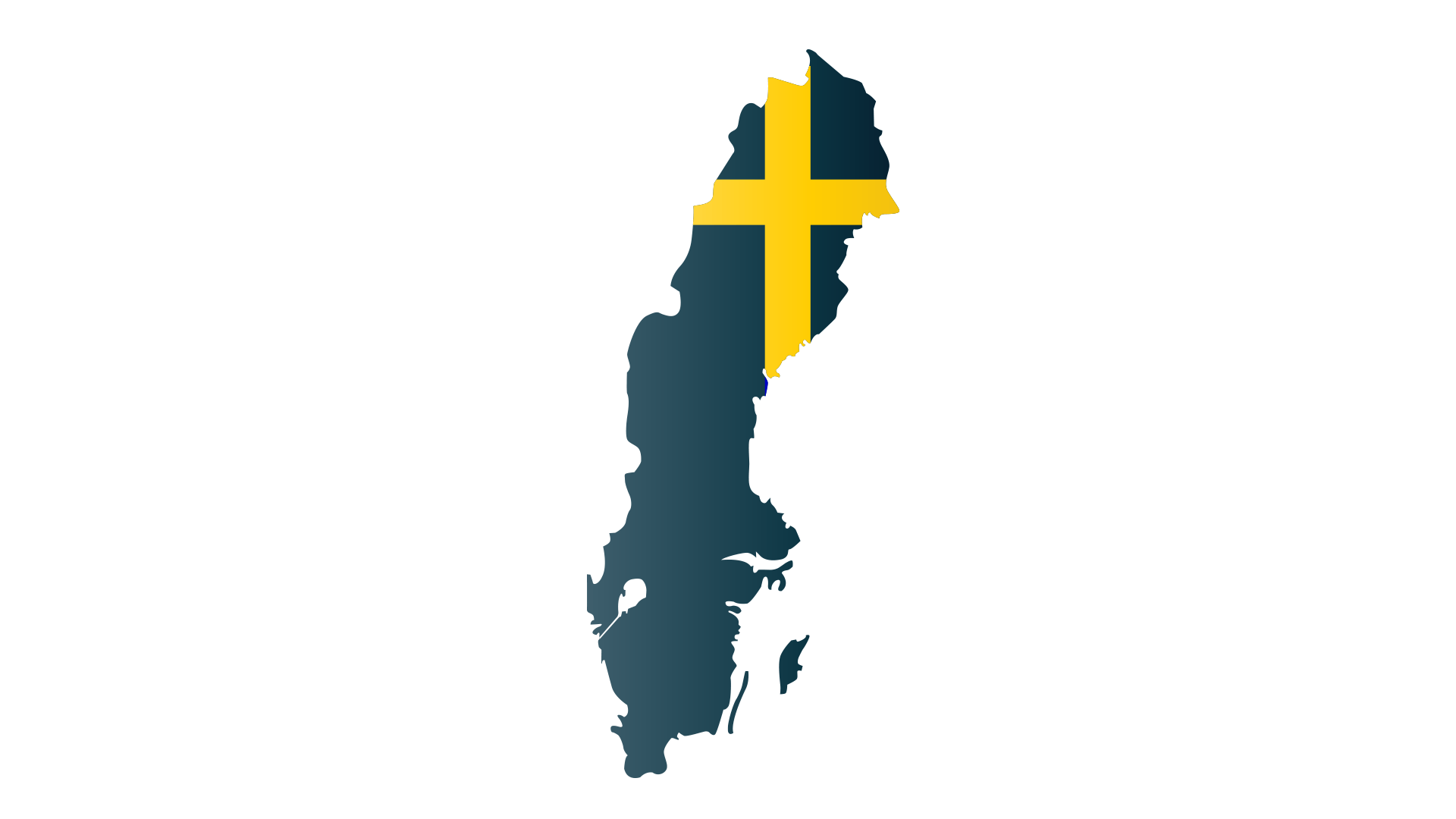 Outline of Sweden’s map filled with the Swedish flag colors: a yellow cross on blue background.