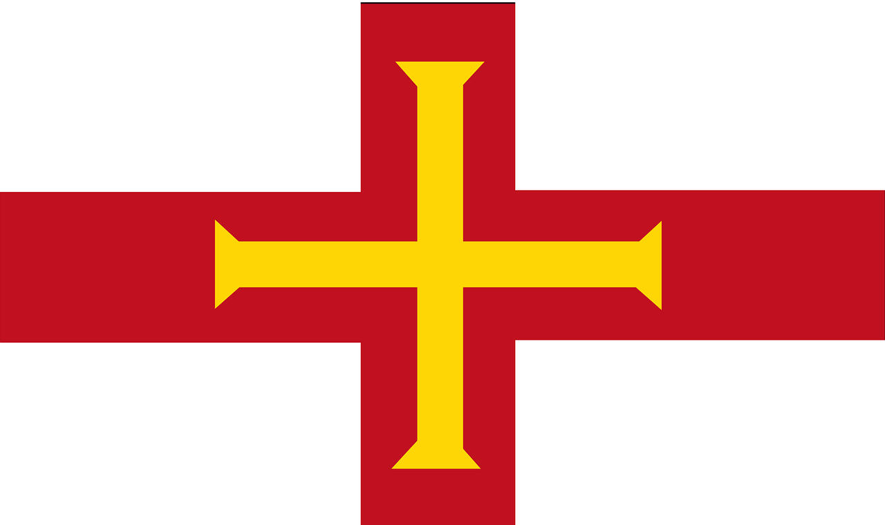 Red cross on white background with a smaller yellow cross in the center. Flag of Guernsey.