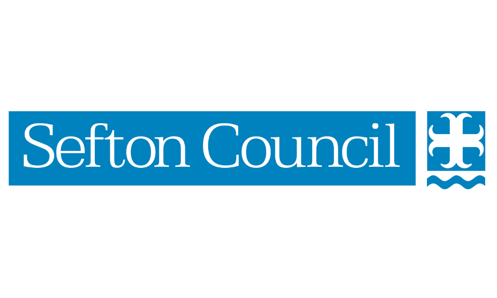Sefton Council logo with white text on a blue background and a white emblem on the right.